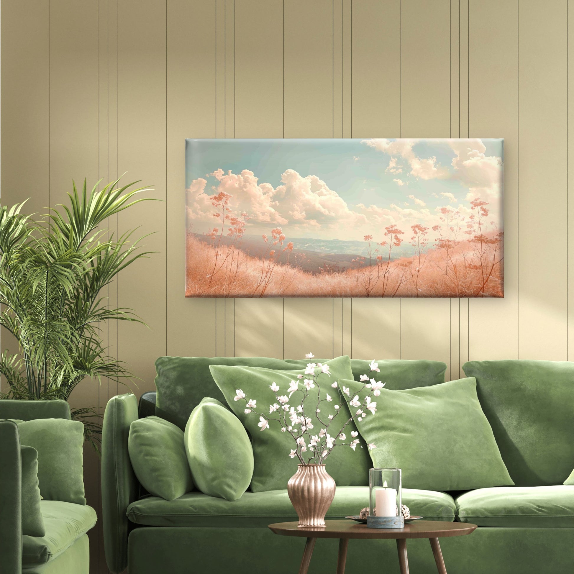 Soft Peach Sunset Field View Wall Art Canvas Office Home Room Framed 120x60 cm - Bella Home Decor