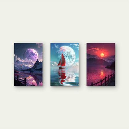 3pcs Surreal Full Moon Mountain Ocean Sailboat Wall Art Set Canvas Framed 40x60cm - High Quality Print 100% Australian Made Wall Canvas Ready to Hang