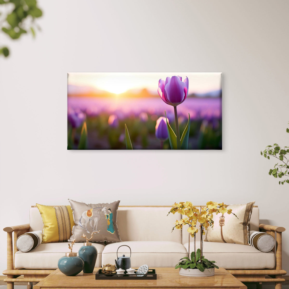 Sunrise Purple Tulip Flower Garden Wall Art Canvas Office Home Framed 120x60cm