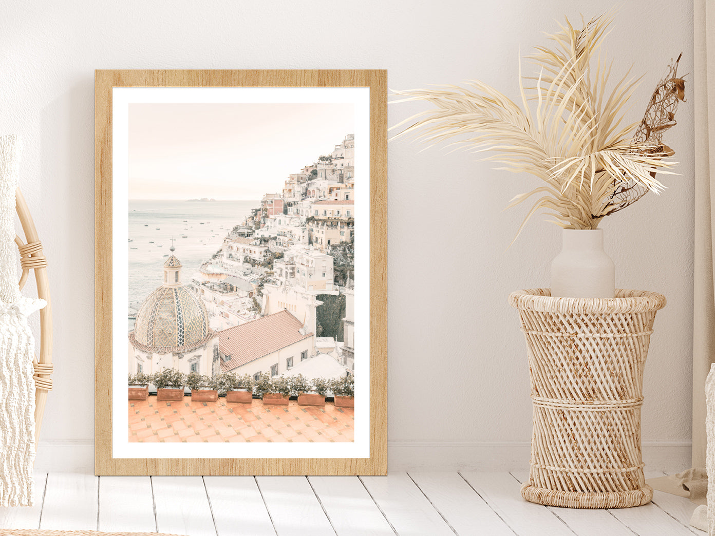 Sea & Houses Skyline Faded Photograph Glass Framed Wall Art, Ready to Hang Quality Print With White Border Oak