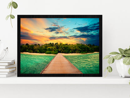 Tropical Island & Blue Orange Sky Glass Framed Wall Art, Ready to Hang Quality Print Without White Border Black