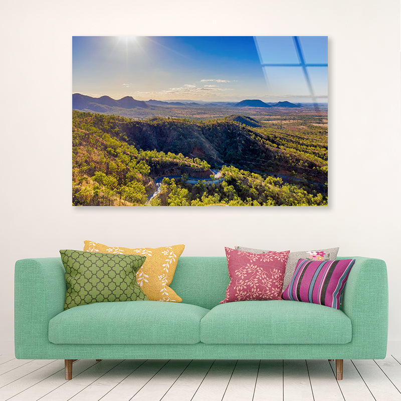 A River Flowing Through a Valley with Mountains Acrylic Glass Print Tempered Glass Wall Art 100% Made in Australia Ready to Hang