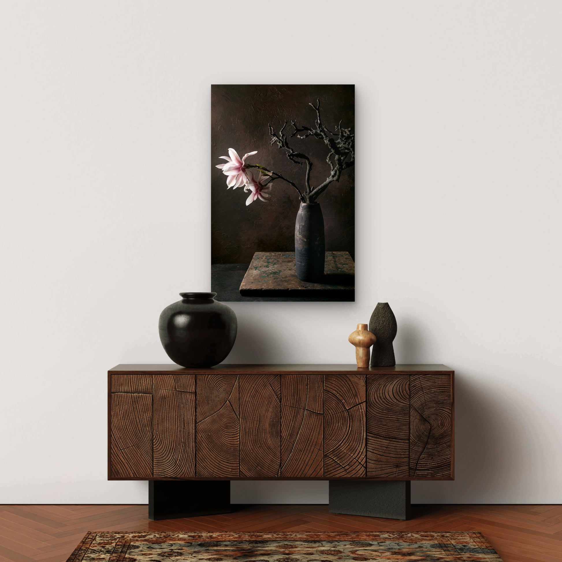 Pink Magnolia Blossoms Ikebana Dark Ceramic Vase 40x60cm Metal Print Ready to Hang - Bella Home Decor