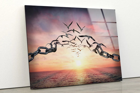 Birds with Chain Sunset UV Direct Aluminum Print Australian Made Quality