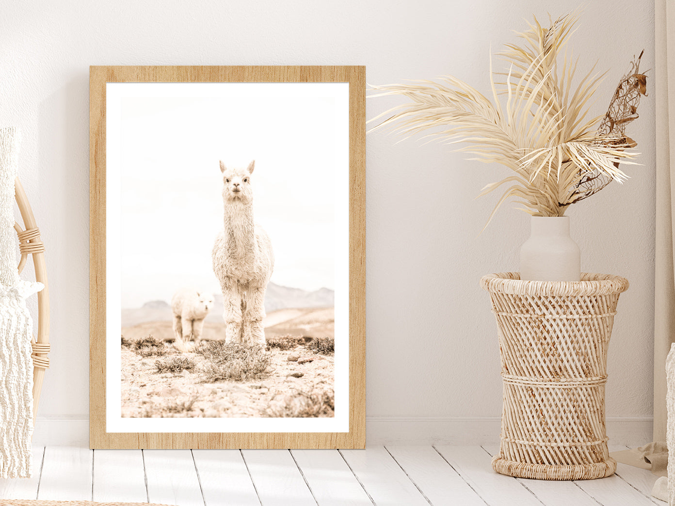 Llama Baby Faded Closeup Photograph Glass Framed Wall Art, Ready to Hang Quality Print With White Border Oak