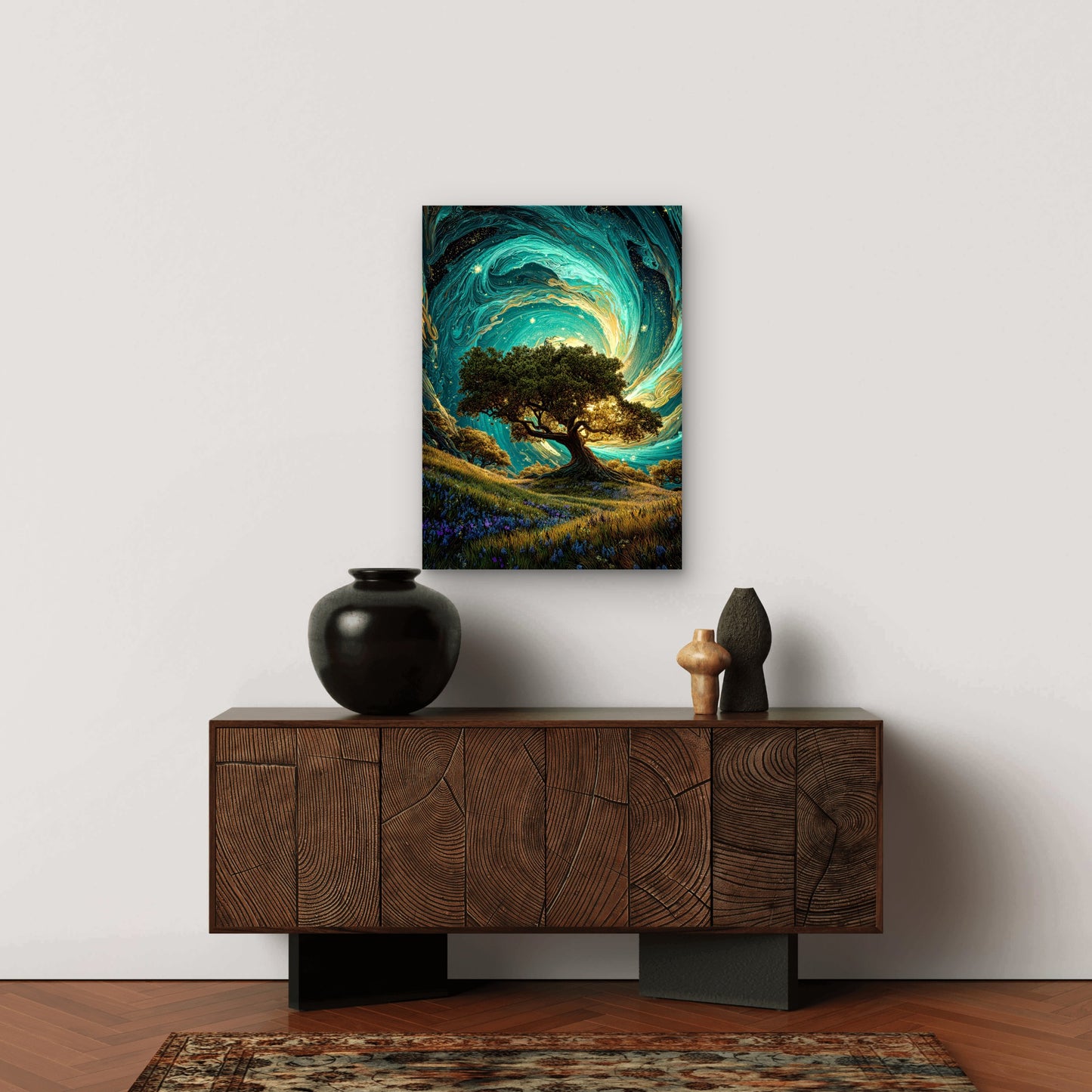 Cosmic Gold Teal Oak Tree 40x60cm Metal Print Ready to Hang - Bella Home Decor