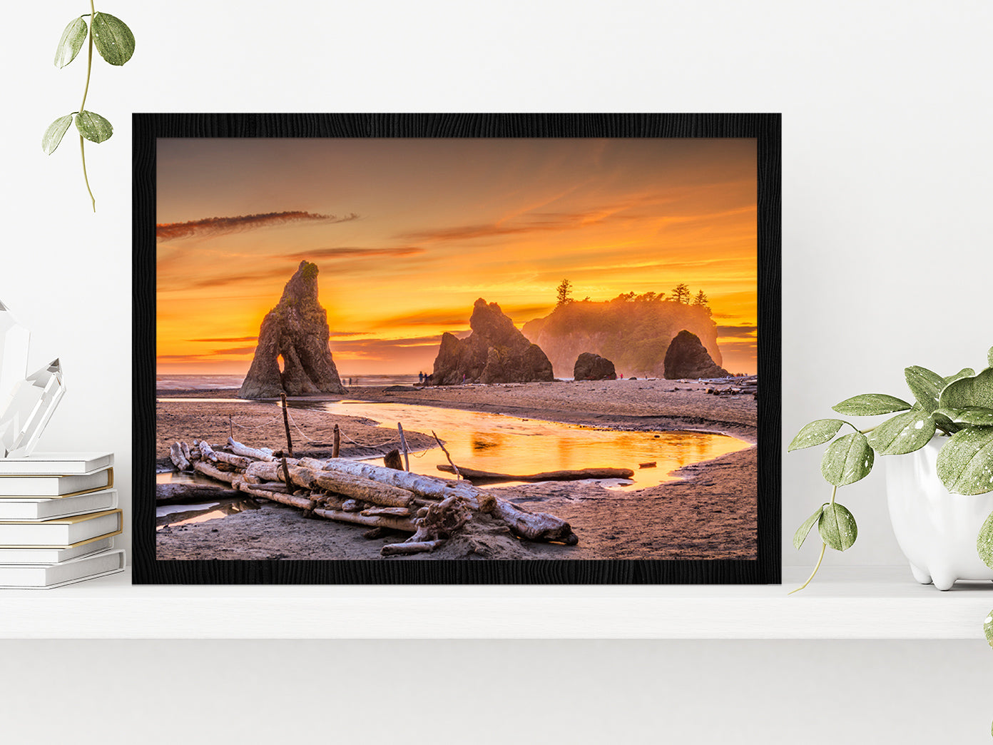 Ruby Beach At Dusk In USA Glass Framed Wall Art, Ready to Hang Quality Print Without White Border Black