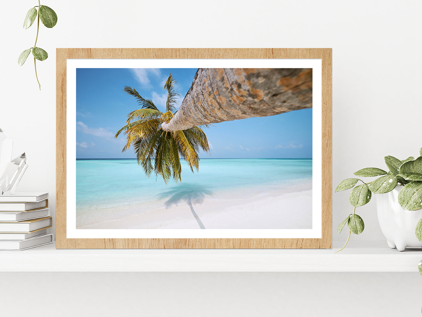 Palm Tree On White Sand Beach Glass Framed Wall Art, Ready to Hang Quality Print With White Border Oak