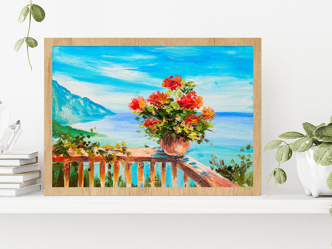 Bouquet Of Flowers & Sea, Coast Near The Mountains Glass Framed Wall Art, Ready to Hang Quality Print Without White Border Oak