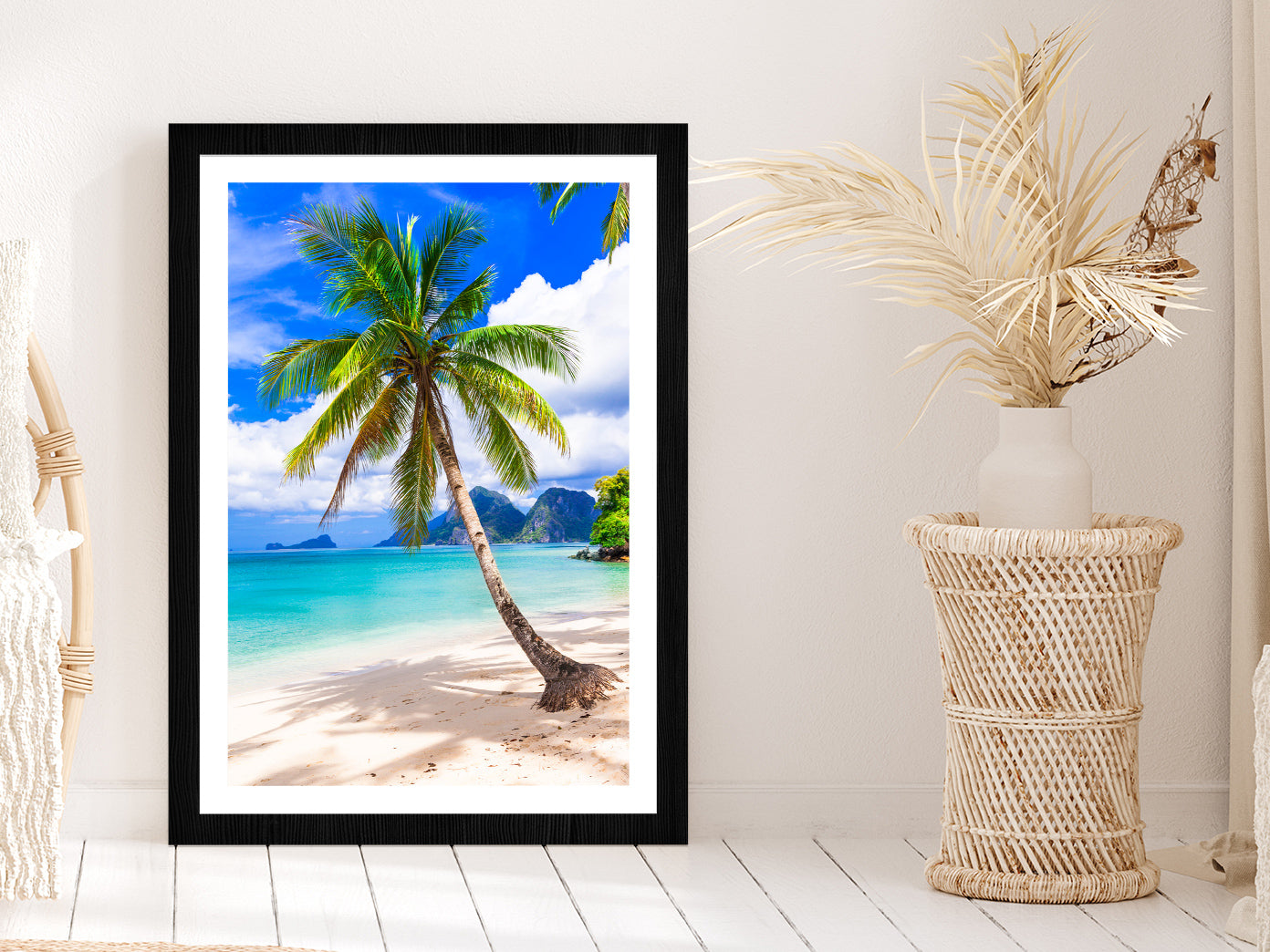 Sandy Beach & Palm Tree with Blue Sky View Glass Framed Wall Art, Ready to Hang Quality Print With White Border Black