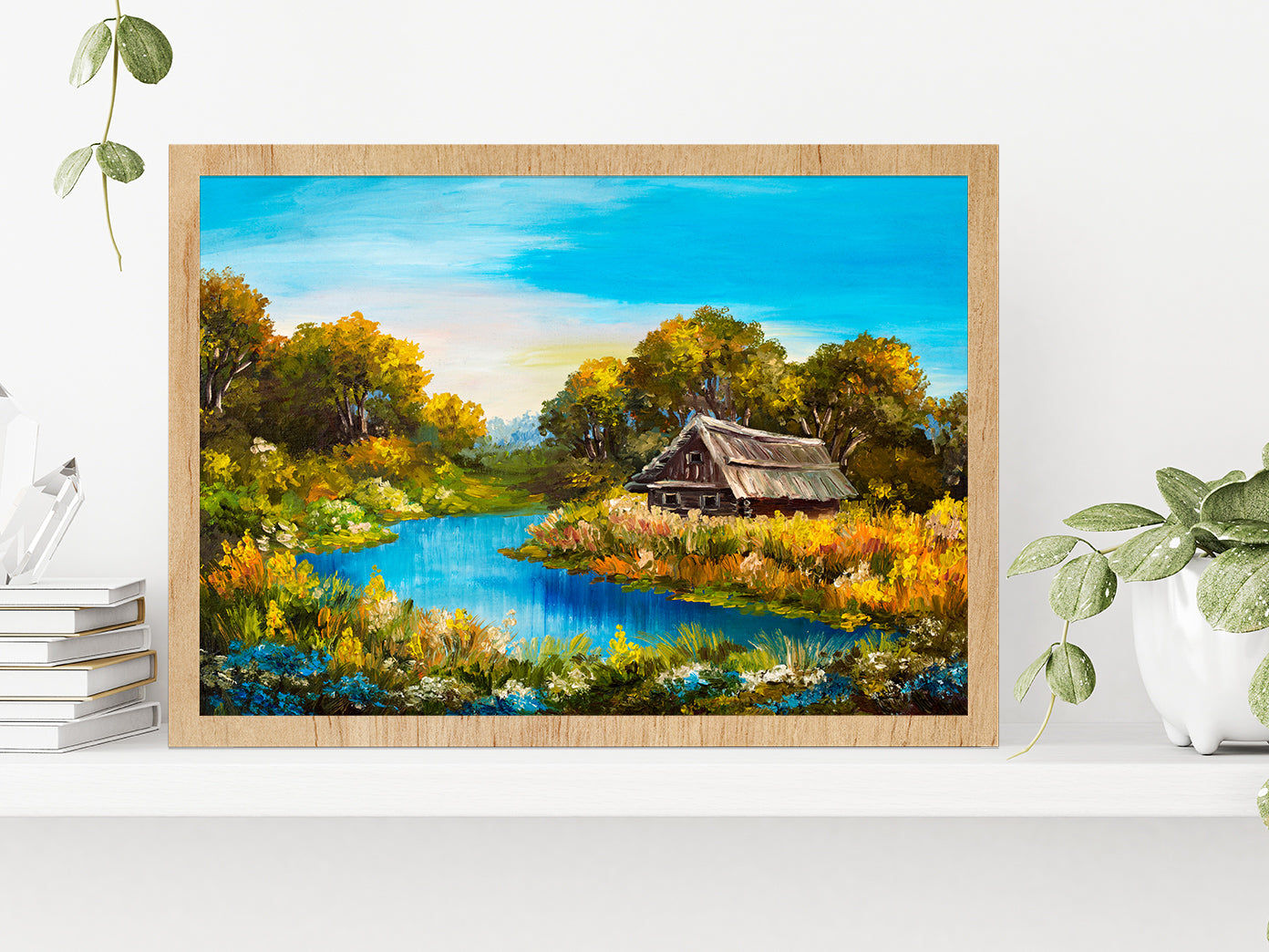 Farmhouse Near The River Oil Painting Glass Framed Wall Art, Ready to Hang Quality Print Without White Border Oak