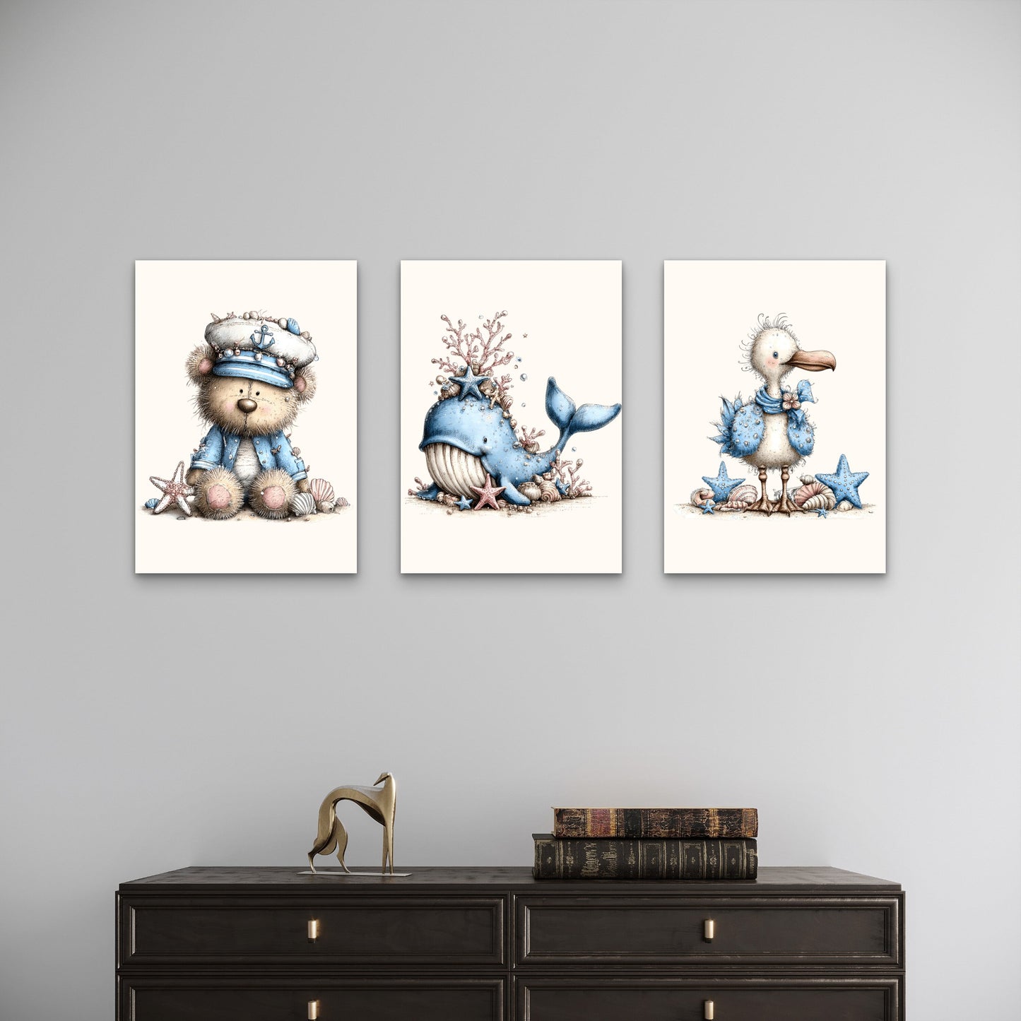 3pcs Nautical Bear Whale Seagull Wall Art Set Canvas Framed 40x60cm - High Quality Print 100% Australian Made Wall Canvas Ready to Hang