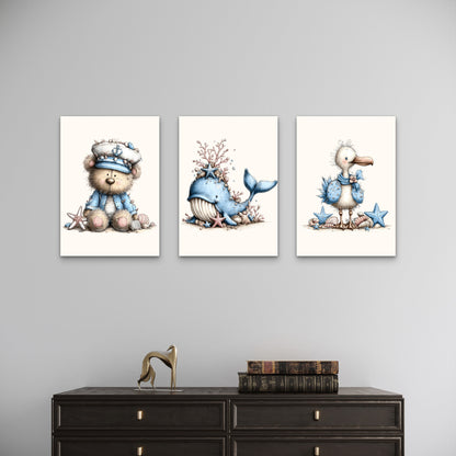 3pcs Nautical Bear Whale Seagull Wall Art Set Canvas Framed 40x60cm - High Quality Print 100% Australian Made Wall Canvas Ready to Hang
