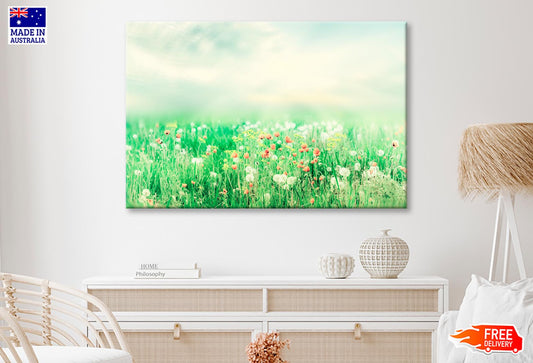 Beautiful Vintage Summer Landscape with Sun and Flowers  Wall Art Decor 100% Australian Made