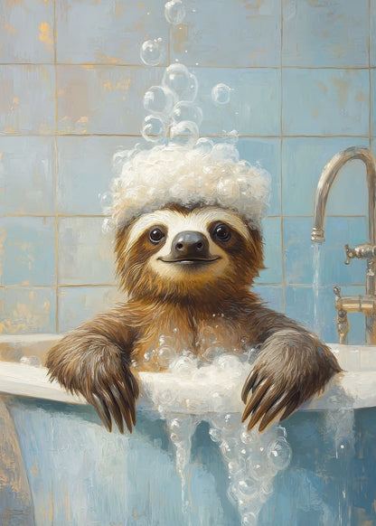 Funny Sloth Bathtub Bubbles 40x60cm Metal Print Ready to Hang