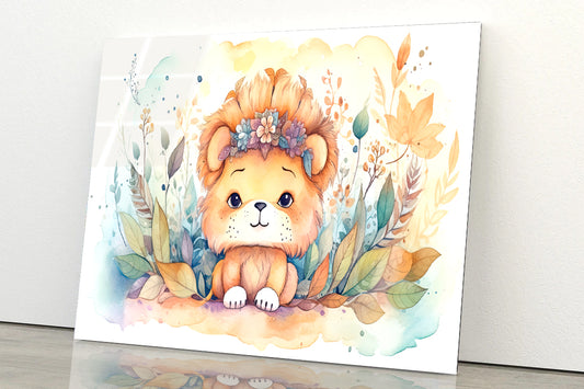 Lion Cub Watercolor Style Acrylic Glass Print Tempered Glass Wall Art 100% Made in Australia Ready to Hang