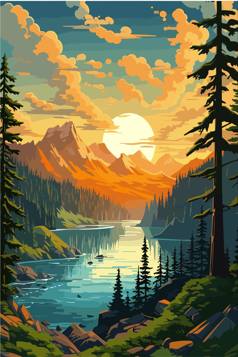 Retro Sunset Mountain Lake Illustration 40x60cm Metal Print Ready to Hang