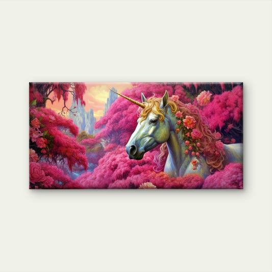 Pink Floral Fantasy Unicorn Magical Wall Art Canvas Office Home Framed 120x60cm