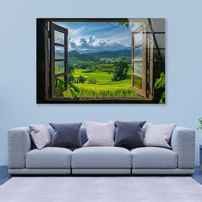 View of a Green Field through a Window Acrylic Glass Print Tempered Glass Wall Art 100% Made in Australia Ready to Hang - Bella Home Decor