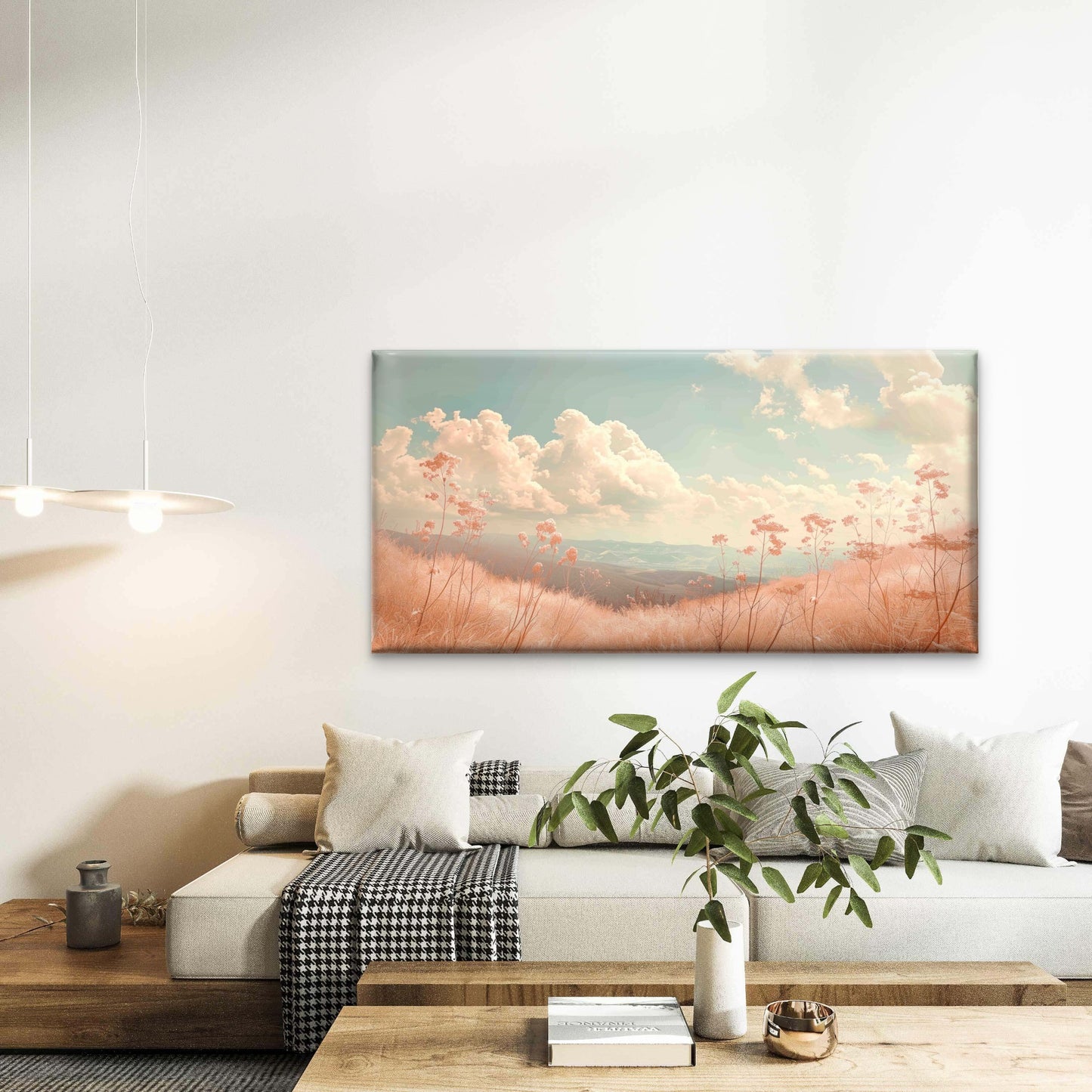 Soft Peach Sunset Field View Wall Art Canvas Office Home Room Framed 120x60 cm - Bella Home Decor