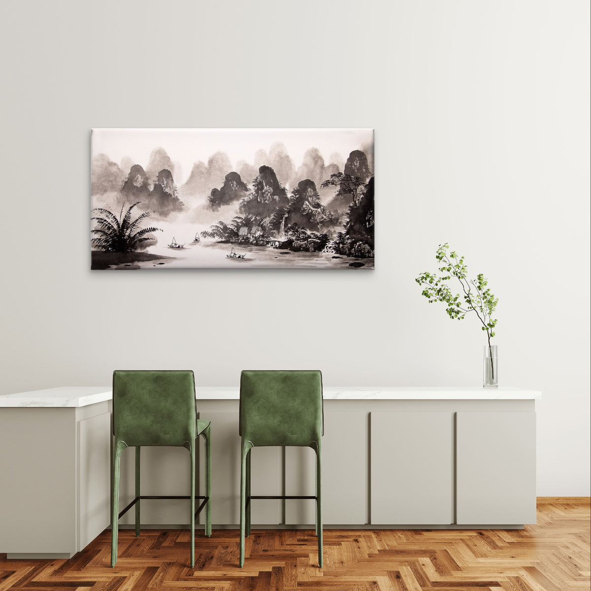 Chinese Ink Wash Village River Landscape Painting Wall Art Canvas Office Home Framed 120x60cm