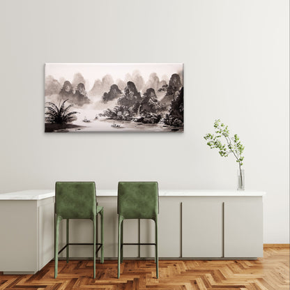 Chinese Ink Wash Village River Landscape Painting Wall Art Canvas Office Home Framed 120x60cm