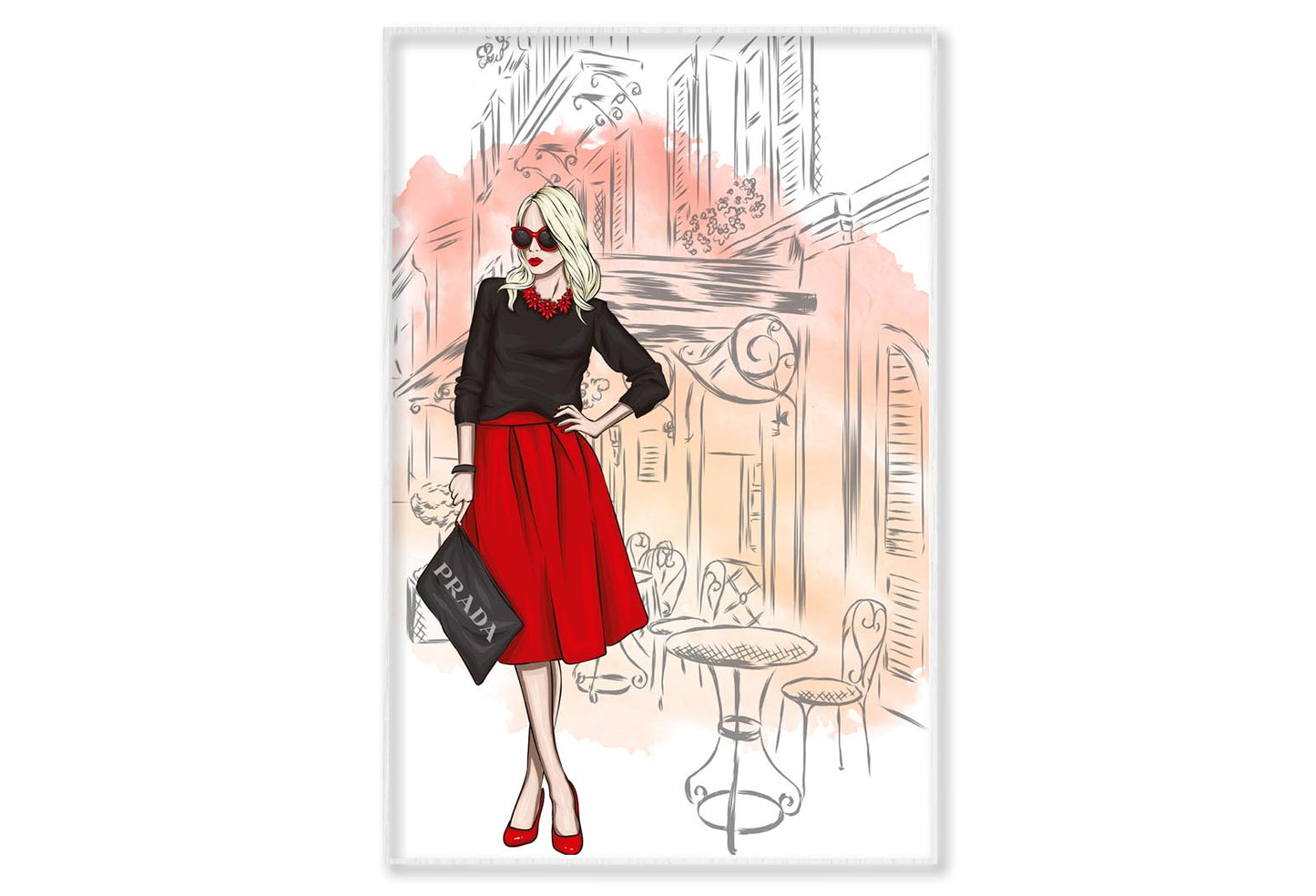 Red Shade Fashion Store with Lady Wall Art Limited Edition High Quality Print Canvas Box Framed White