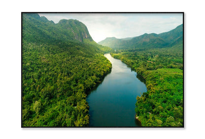 Aerial View Of River in Tropical Green Forest with Mountains in Background Home Decor Premium Quality Poster Print Choose Your Sizes