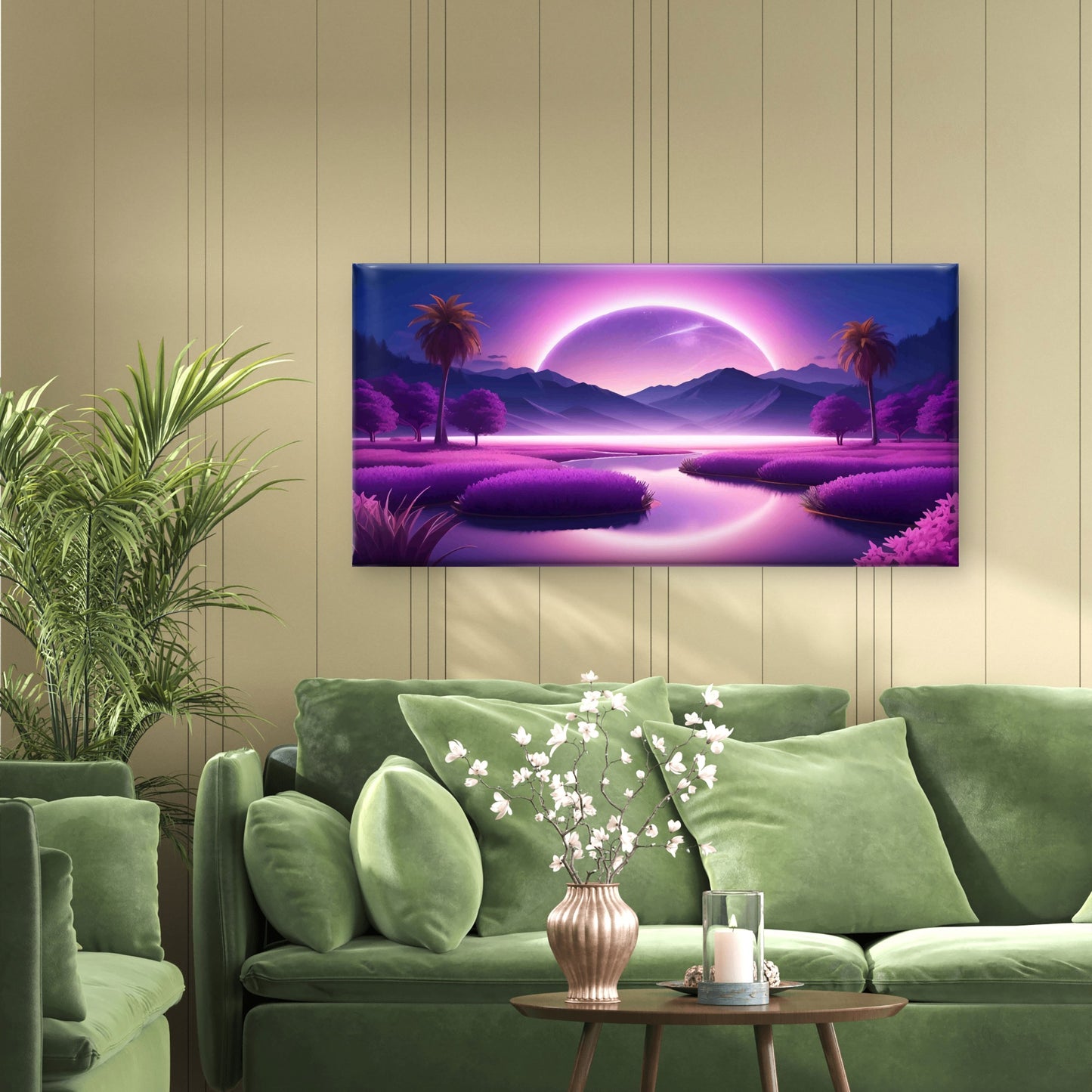 Purple Moon Tropical Night Wall Art Canvas Office Home Room Framed 120x60 cm - Bella Home Decor