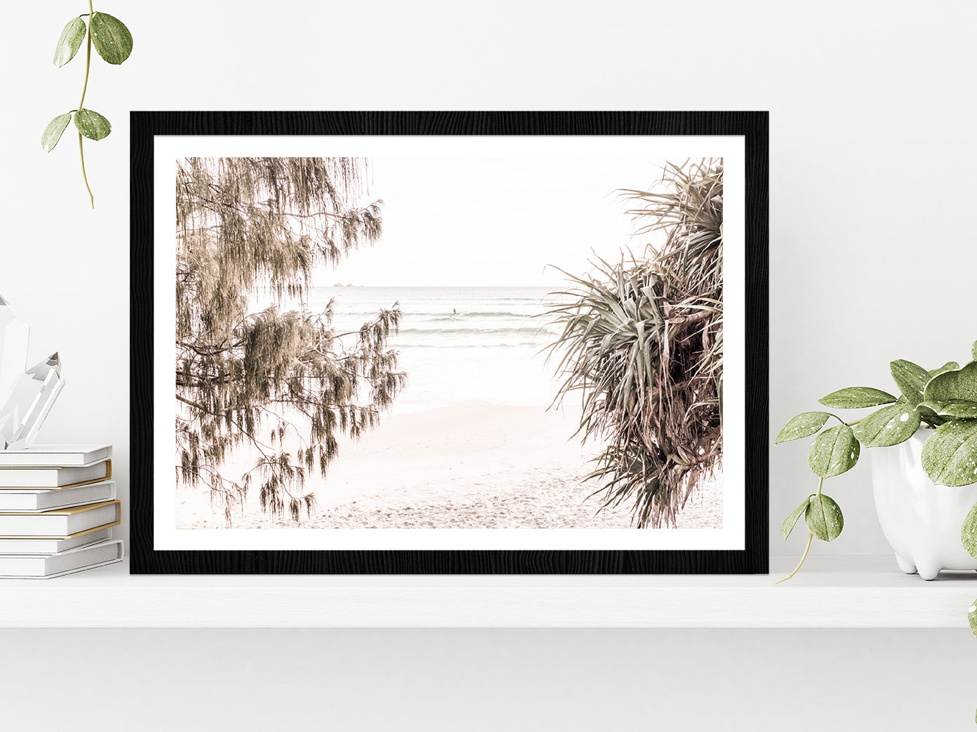 Trees near Sandy Seashore Faded Photograph Glass Framed Wall Art, Ready to Hang Quality Print With White Border Black