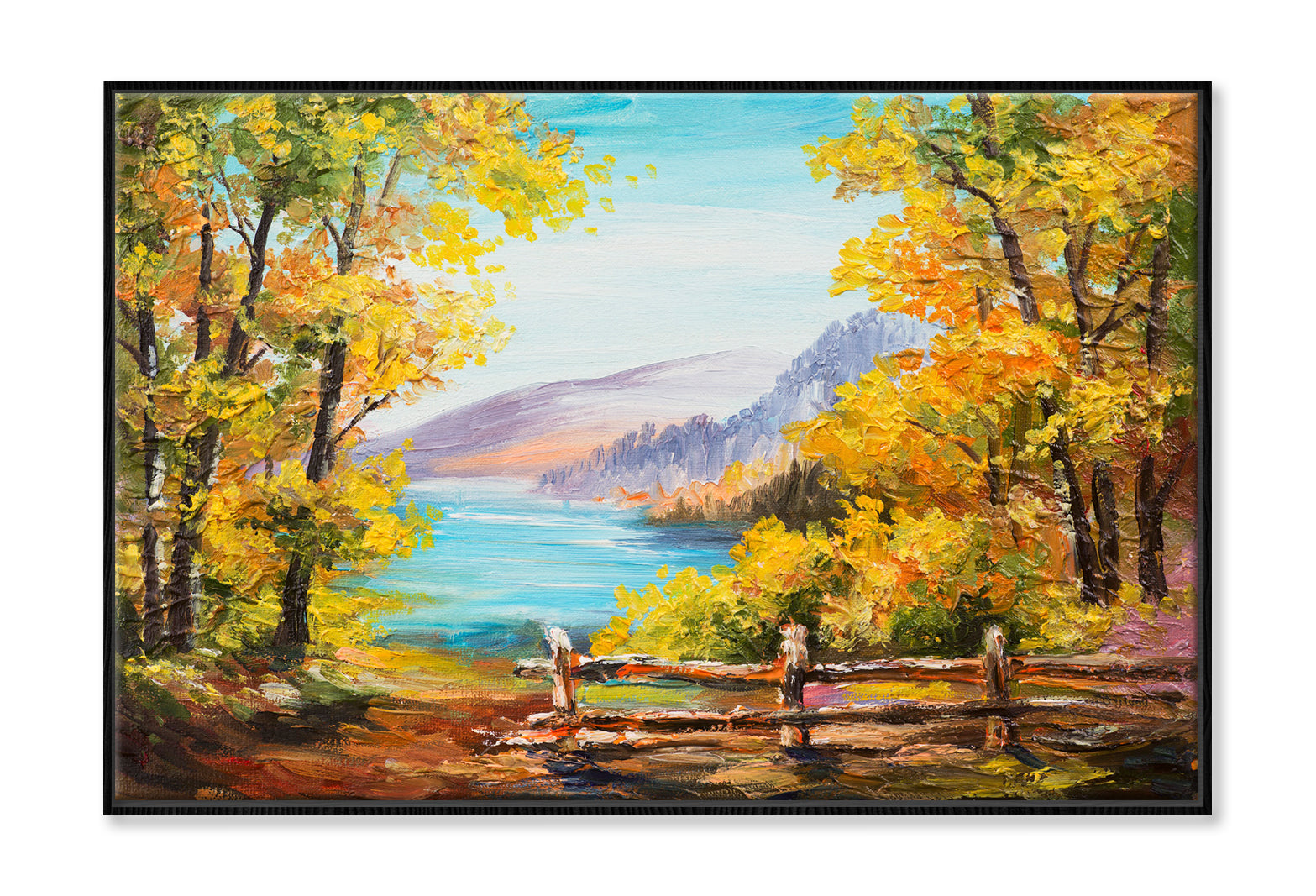 Autumn Forest near Mountain Lake Watercolor Painting Wall Art Limited Edition High Quality Print Canvas Box Framed Black