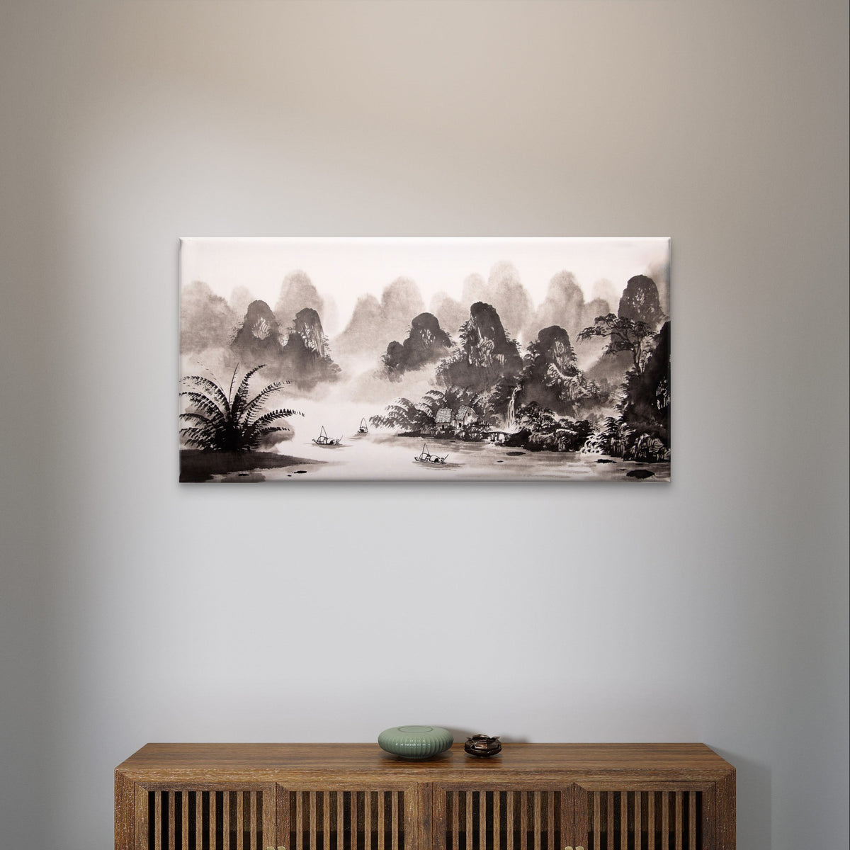 Chinese Ink Wash Village River Landscape Painting Wall Art Canvas Office Home Framed 120x60cm
