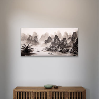 Chinese Ink Wash Village River Landscape Painting Wall Art Canvas Office Home Framed 120x60cm