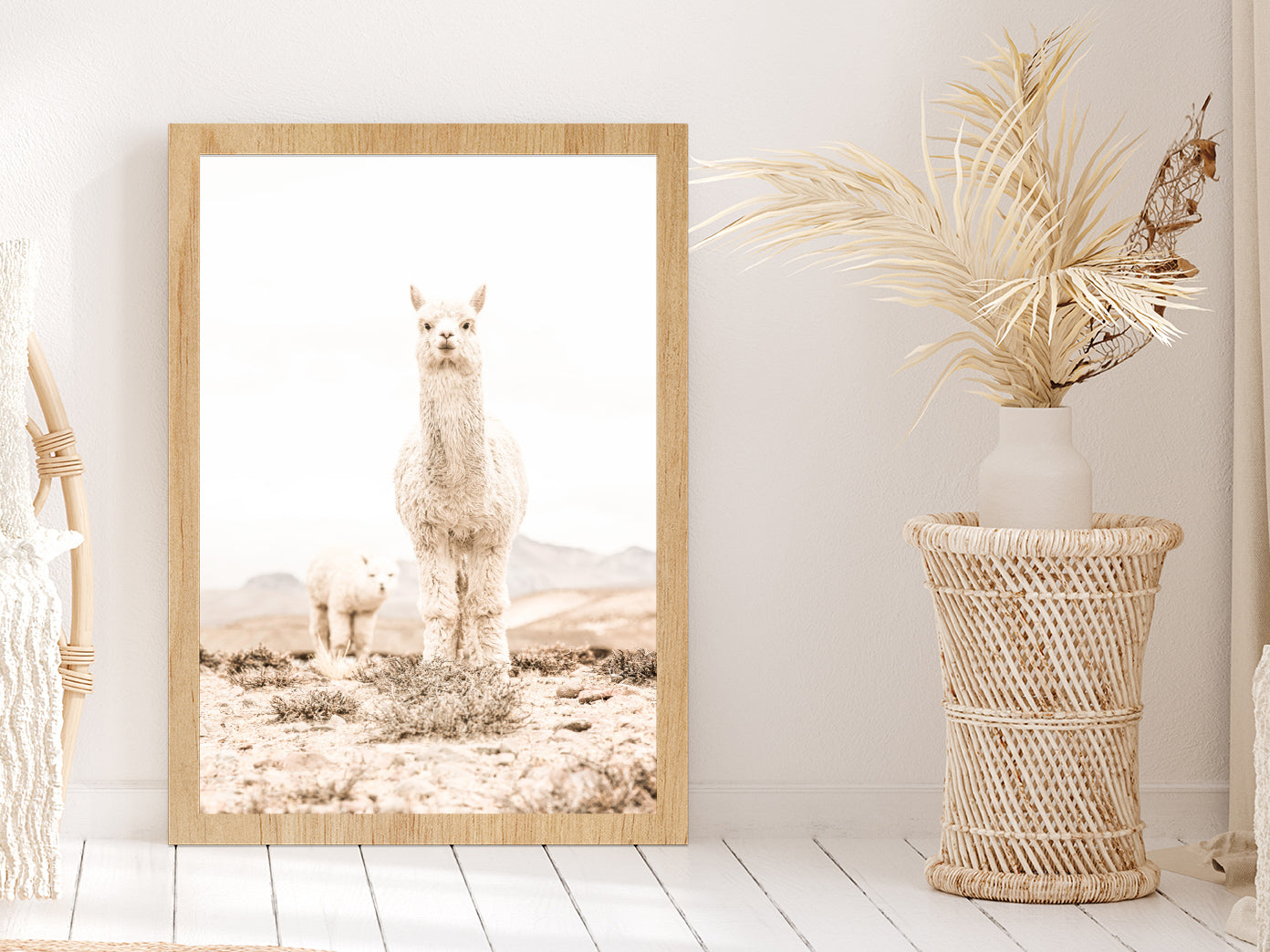 Llama Baby Faded Closeup Photograph Glass Framed Wall Art, Ready to Hang Quality Print Without White Border Oak