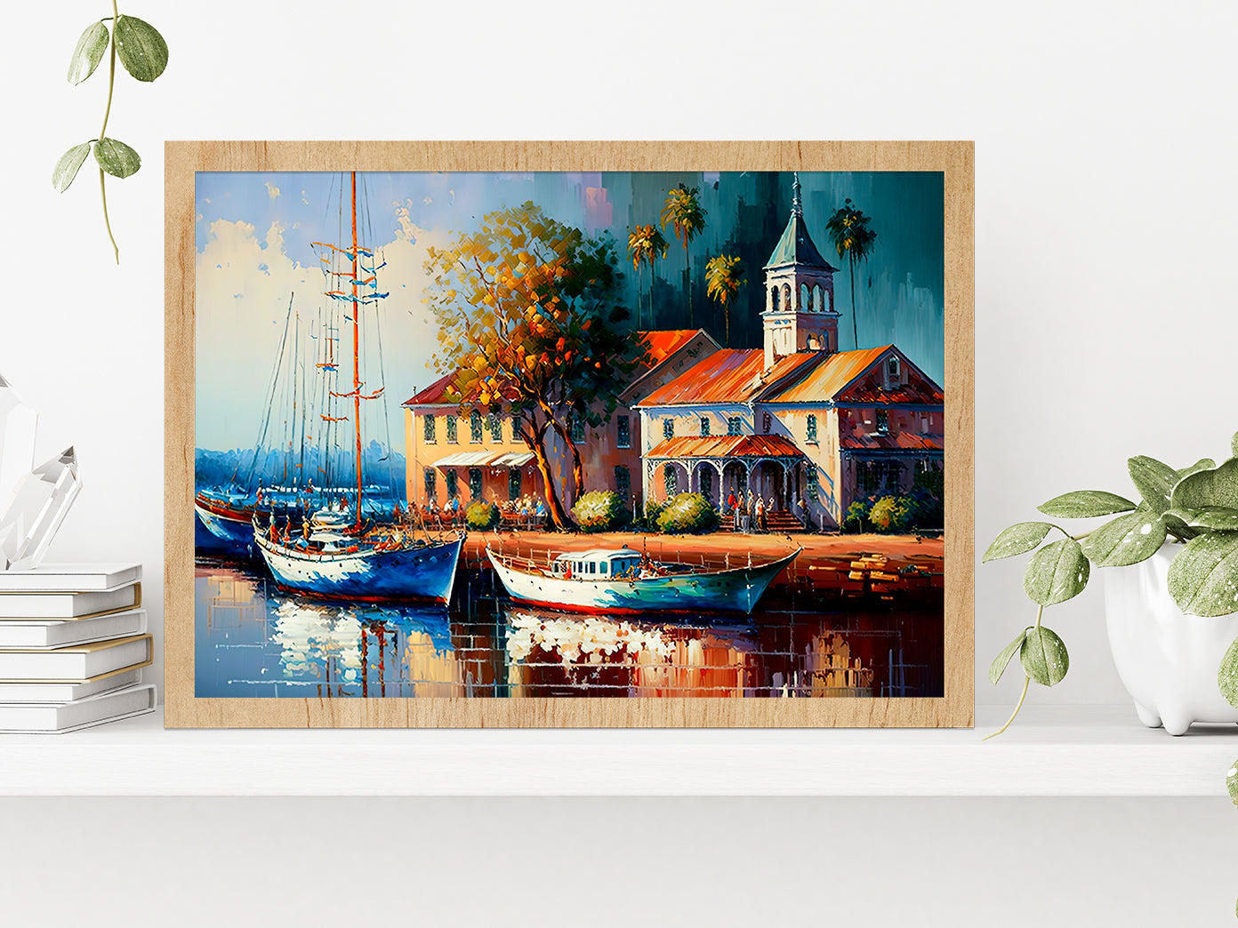 Cityscape View Inspired From Marina Australia Glass Framed Wall Art, Ready to Hang Quality Print Without White Border Oak