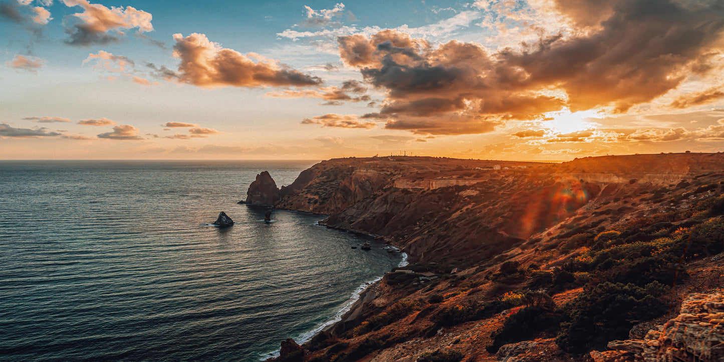 Autumn Sea with Warm Sunset Light Rocky Coastline Wall Art Canvas Office Home Room Framed 120x60cm