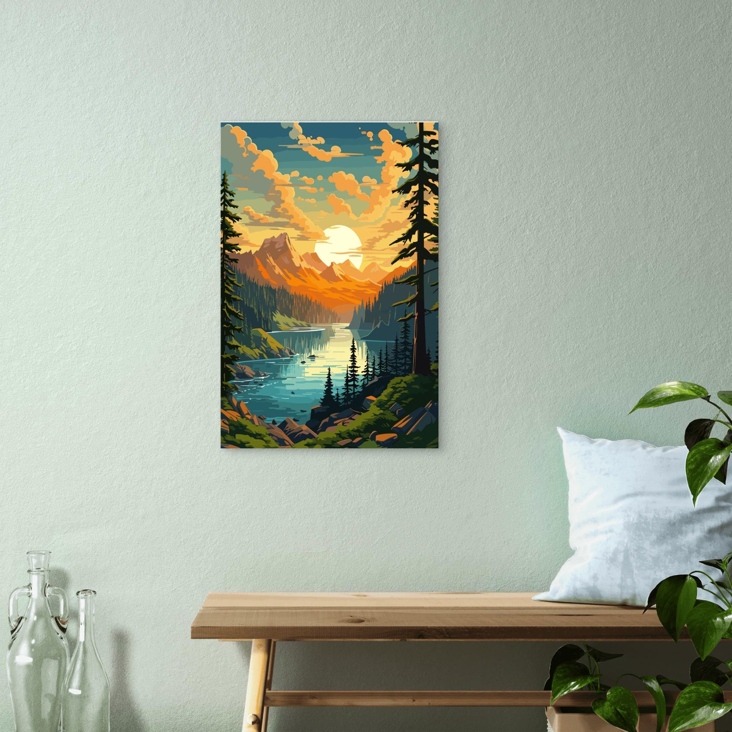 Retro Sunset Mountain Lake Illustration 60x90cm Metal Print Ready to Hang