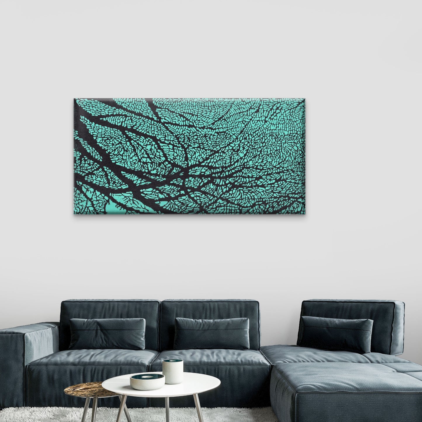 Teal Organic Cellular Pattern Wall Art Canvas Office Home Room Framed 120x60cm - Bella Home Decor