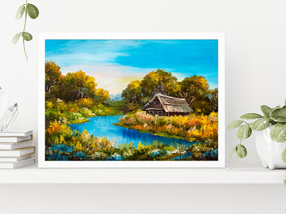 Farmhouse Near The River Oil Painting Glass Framed Wall Art, Ready to Hang Quality Print Without White Border White