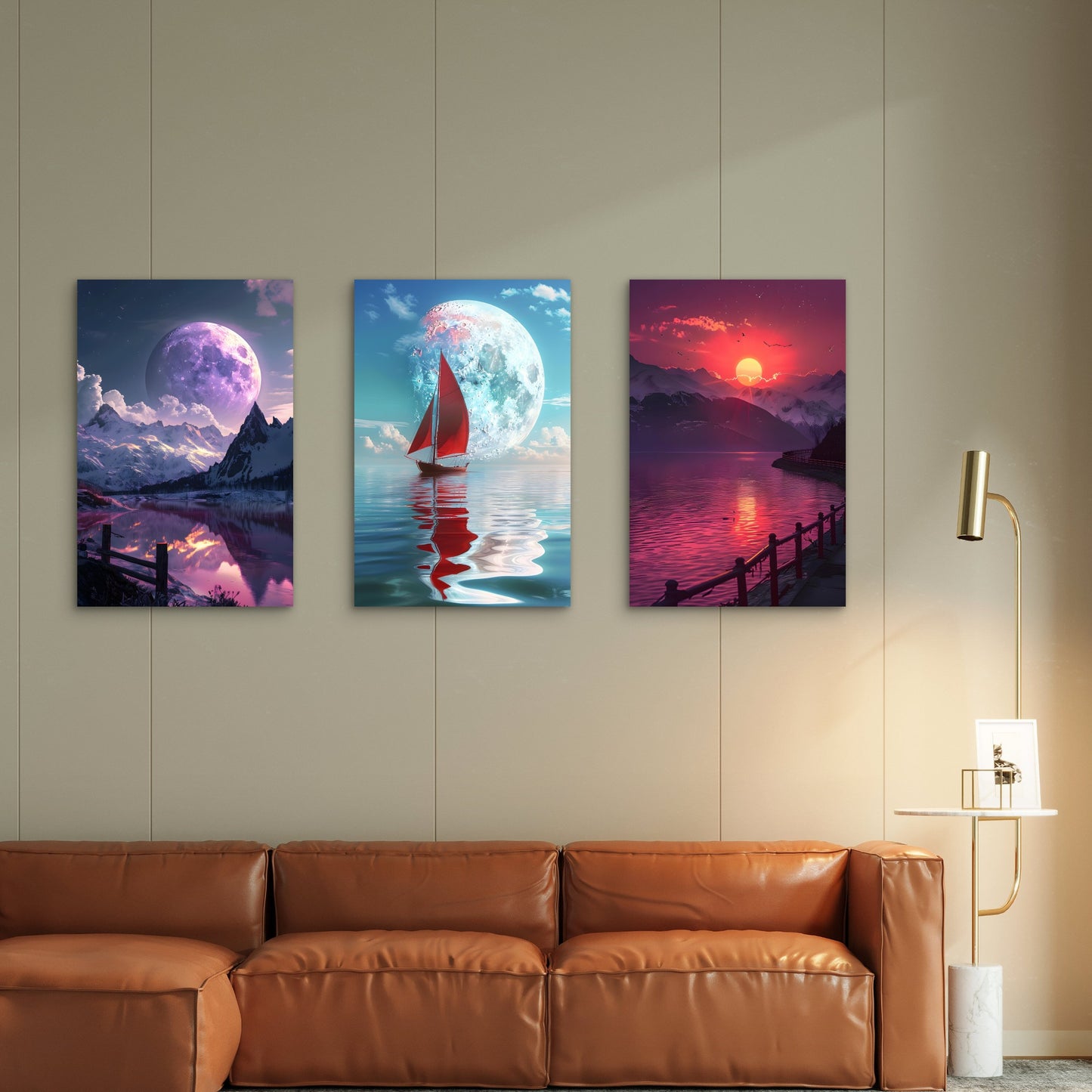 3pcs Surreal Full Moon Mountain Ocean Sailboat Wall Art Set Canvas Framed 40x60cm - High Quality Print 100% Australian Made Wall Canvas Ready to Hang