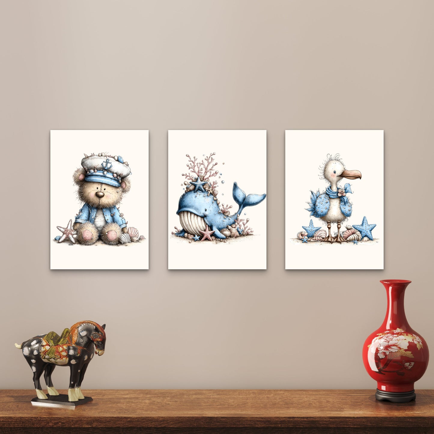 3pcs Nautical Bear Whale Seagull Wall Art Set Canvas Framed 40x60cm - High Quality Print 100% Australian Made Wall Canvas Ready to Hang