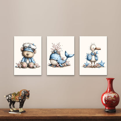 3pcs Nautical Bear Whale Seagull Wall Art Set Canvas Framed 40x60cm - High Quality Print 100% Australian Made Wall Canvas Ready to Hang