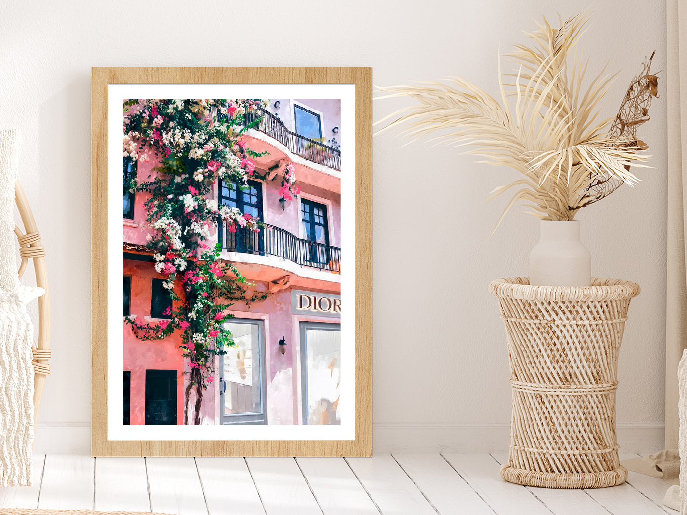 Flower Branch on Fashion Store View Photograph Glass Framed Wall Art, Ready to Hang Quality Print With White Border Oak