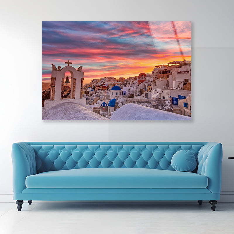 Santorini In Greece with Sunset Acrylic Glass Print Tempered Glass Wall Art 100% Made in Australia Ready to Hang - Bella Home Decor