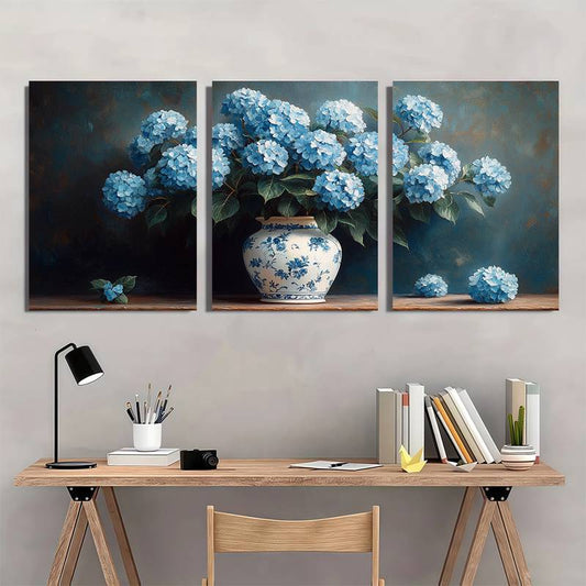 3pcs Victorian Bohemian Blue White Porcelain Vase Hydrangea Flower Wall Art Set Canvas Framed 60x90cm - High Quality Print 100% Australian Made Wall Canvas Ready to Hang
