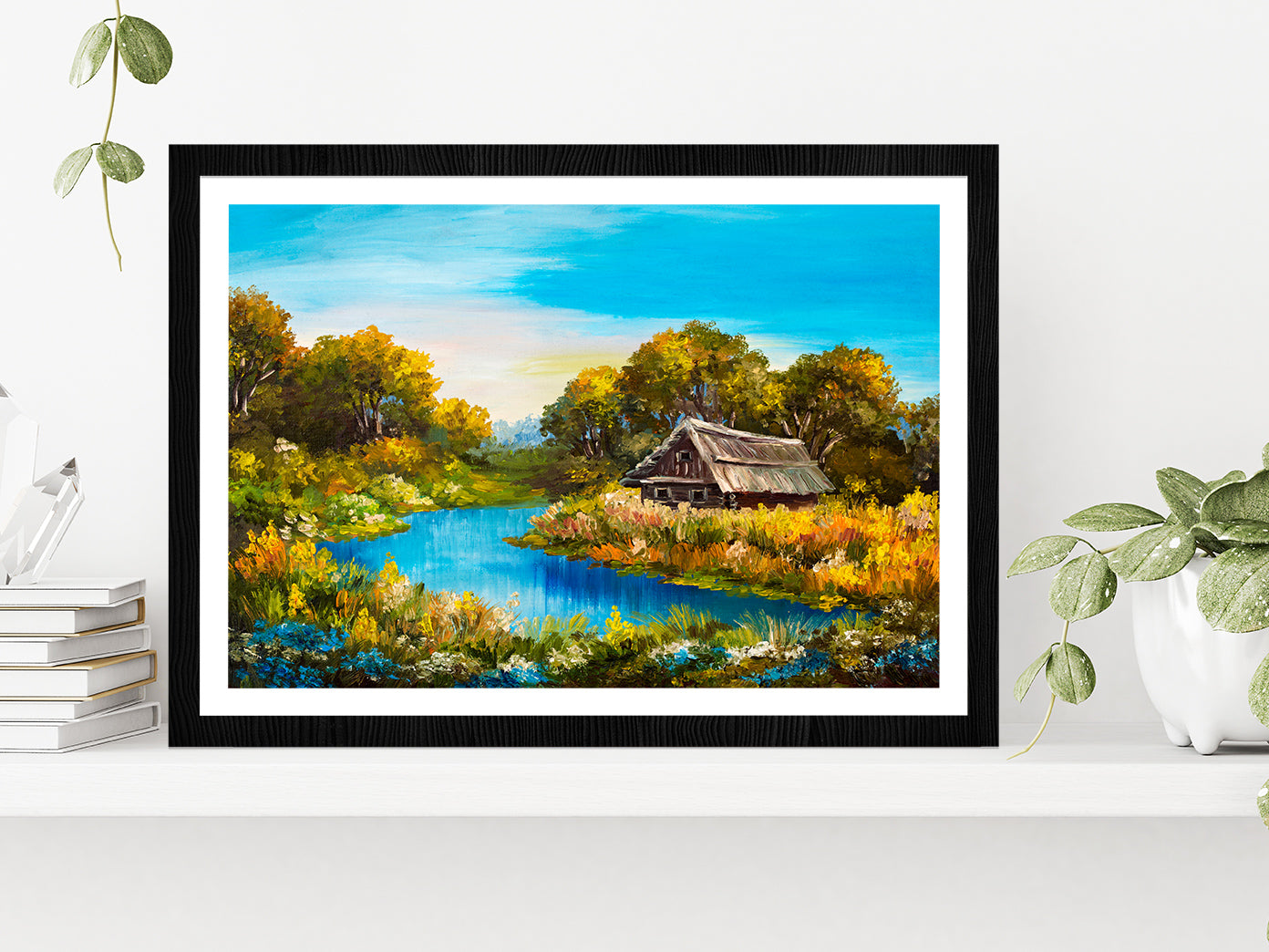 Farmhouse Near The River Oil Painting Glass Framed Wall Art, Ready to Hang Quality Print With White Border Black