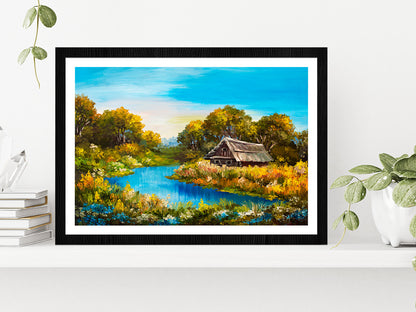 Farmhouse Near The River Oil Painting Glass Framed Wall Art, Ready to Hang Quality Print With White Border Black