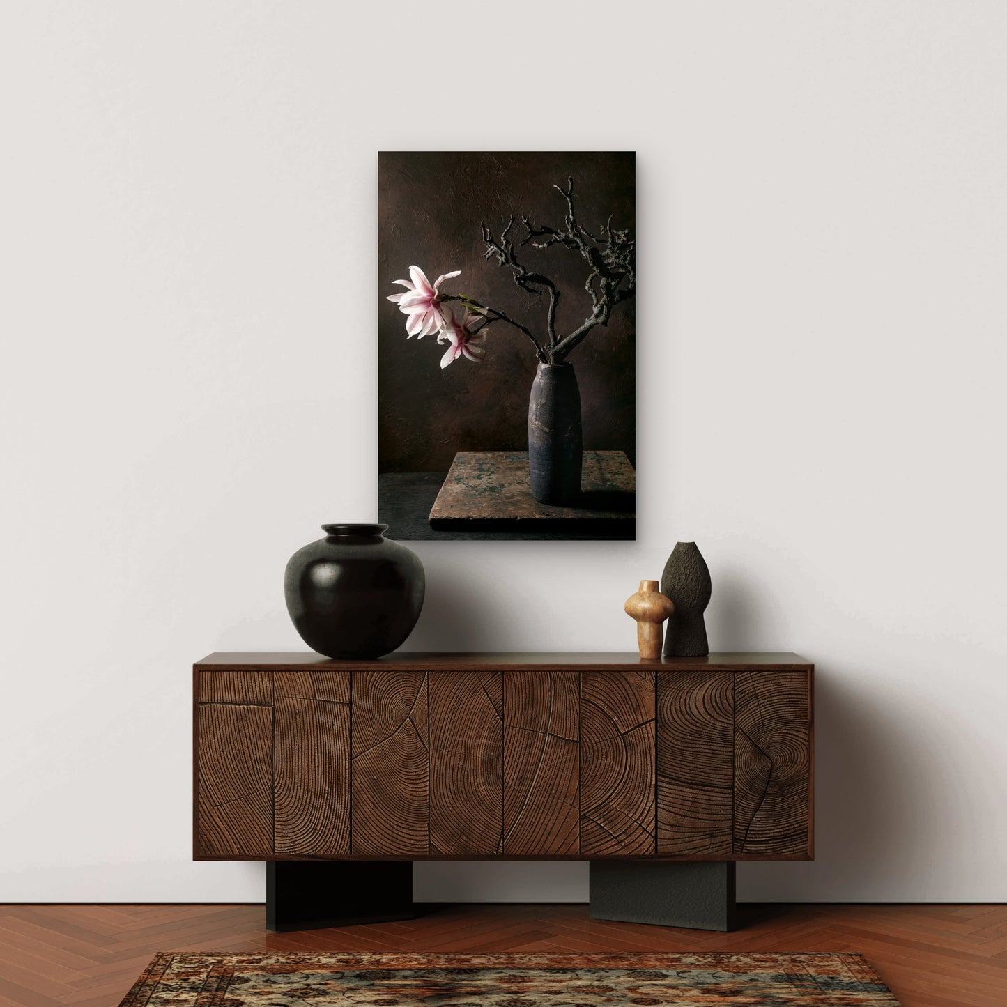 Pink Magnolia Blossoms Ikebana Dark Ceramic Vase 60x90cm Metal Print Ready to Hang - Bella Home Decor