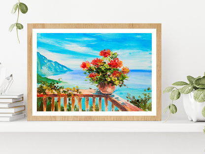 Bouquet Of Flowers & Sea, Coast Near The Mountains Glass Framed Wall Art, Ready to Hang Quality Print With White Border Oak