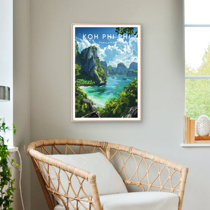 Koh Phi Phi Islands Thailand Tropical Beach Lush Green Cliffs Travel Poster Print Wall Art